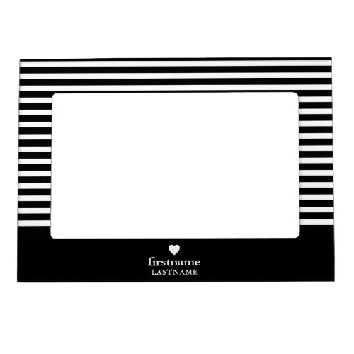 Thin Stripes Upscale Heart Monogram _ black white Magnetic Frame