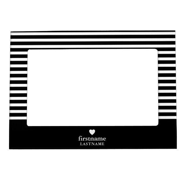 Thin Stripes Upscale Heart Monogram - black white Magnetic Frame (Front)