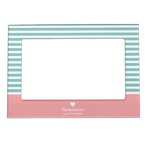 Thin Stripes Upscale Heart Monogram _ teal coral Magnetic Frame