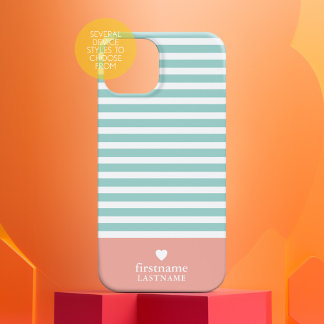 Thin Stripes Upscale Heart Monogram teal peach iPhone 16 Plus Case