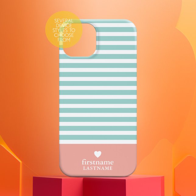 Thin Stripes Upscale Heart Monogram teal peach Case-Mate iPhone Case (preppy design - personalized phone case)