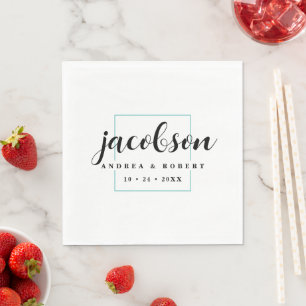 Thin Teal Border Napkins with Surname