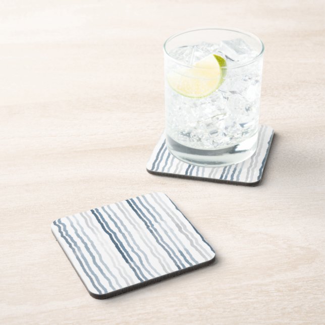 Thin Watercolor Stripes, Slate Blue, Gray, White Beverage Coaster (Right Side)