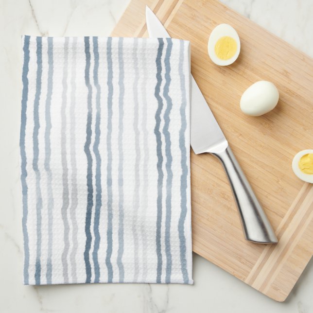 Thin Watercolor Stripes, Slate Blue, Gray, White Kitchen Towel (Quarter Fold)