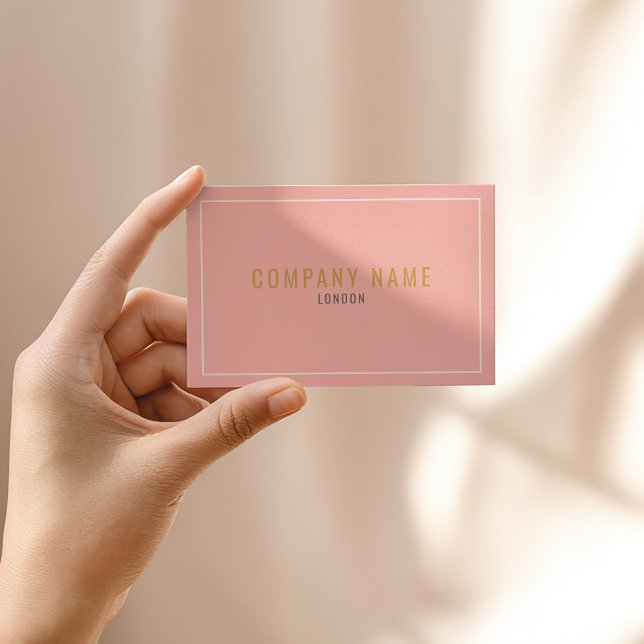 Thin white border pink business card (Blush pink business card with gold text and modern minimalist border.)