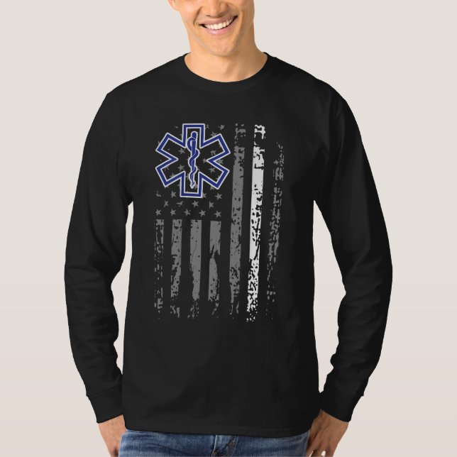 Thin White Line EMS EMT Paramedic American Flag Ba T-Shirt (Front)