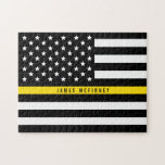 Thin Yellow Line Dispatcher American Flag Monogram Jigsaw Puzzle<br><div class="desc">This fun puzzle features a black and white dispatcher thin yellow line American flag  Personalize by replacing the sample name with your own  name. Makes a great gift.</div>