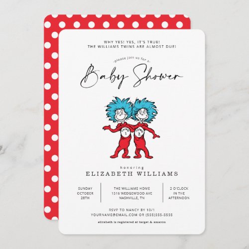 Thing 1 Thing 2  Red Twins Baby Shower  Invitation