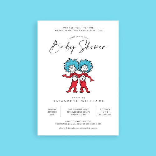 Thing One Thing Two  Blue Twins Baby Shower Invitation