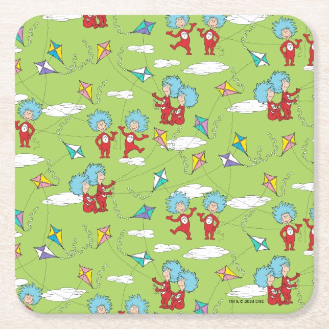 Thing One Thing Two Flying Kite Things Pattern Square Paper Coaster (Front)