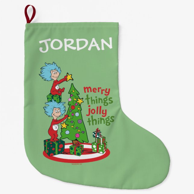 Thing One Thing Two Merry Things Jolly Things Large Christmas Stocking (Front)