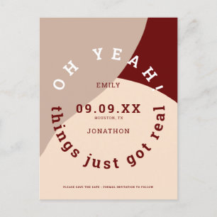 Things Got Real Shape Burgundy Cream Save The Date Announcement Postcard