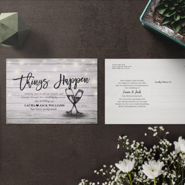 Things Happen Wedding Postponement Change of Plans Announcement Postcard (Creator Uploaded)