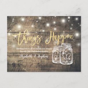 Things Happen Wedding Postponement Mason Jars Wood Announcement Postcard