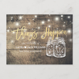 Things Happen Wedding Postponement Mason Jars Wood Announcement Postcard