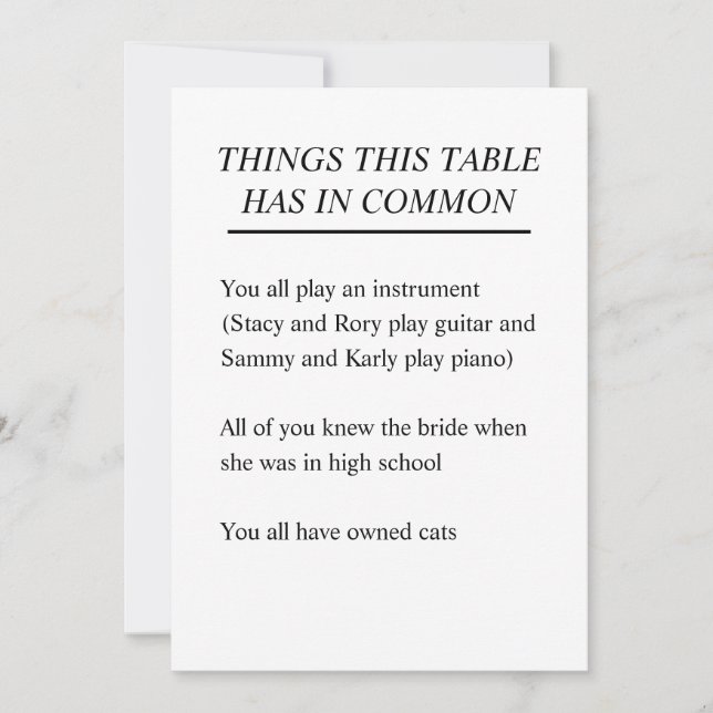 Things The Table Has In Common Wedding Signs (Front)