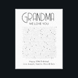 things we love about you grandma canvas print<br><div class="desc">This is a DO IT YOURSELF XX Reasons why we love you. roses reasons we love you,  editable 50 Reasons,  60th birthday,  editable,  80th birthday,  memories,  love you,  mom,  retire You can edit the main body text. Designed by The Arty Apples Limited</div>