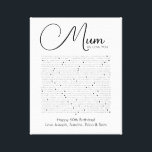 things we love about you Mum canvas print<br><div class="desc">This is a DO IT YOURSELF XX Reasons why we love you. roses reasons we love you,  editable 50 Reasons,  60th birthday,  editable,  80th birthday,  memories,  love you,  mom,  retire You can edit the main body text. Designed by The Arty Apples Limited</div>