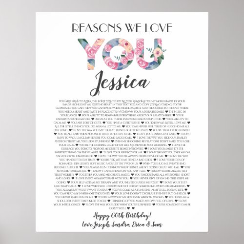 things we love you floral 60 things birthday poster