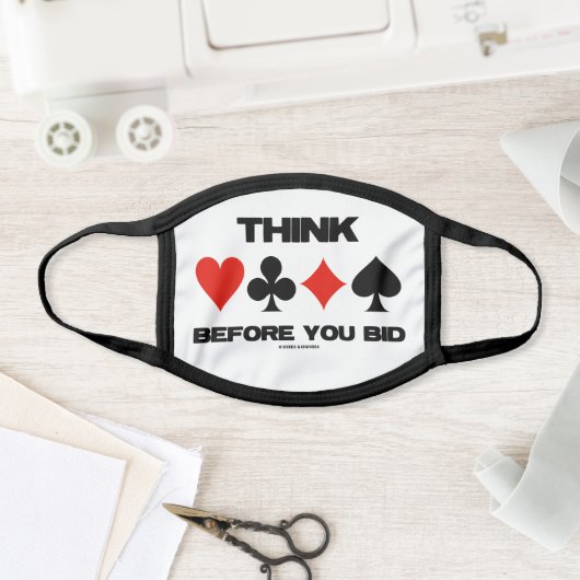 Think Before You Bid Bridge Advice Four Card Suits Face Mask (Insitu)