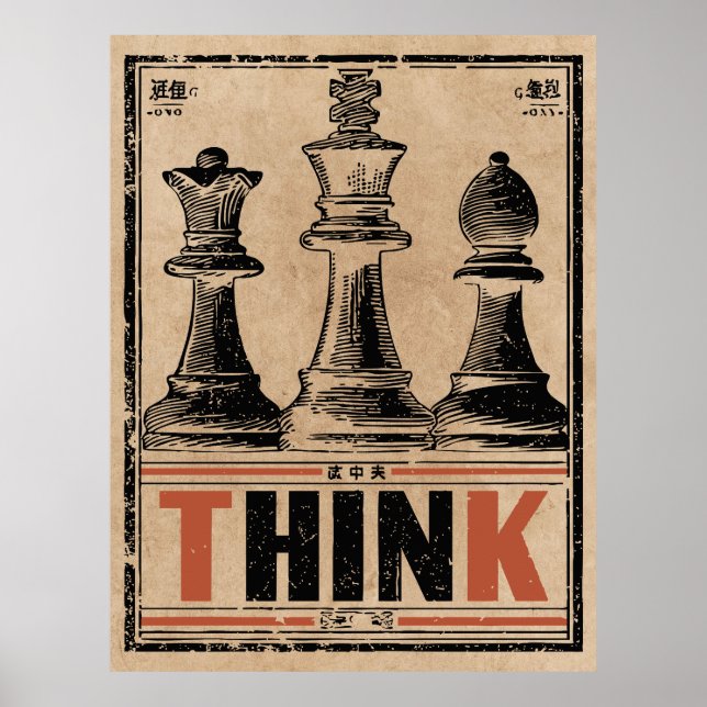 Think Chess Vintage Art | Wabi Sabi Strategy Poster (Front)