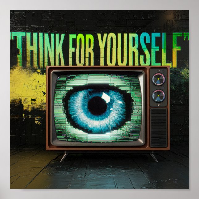 Think For Yourself Retro TV Eyeball Glitch Poster (Front)