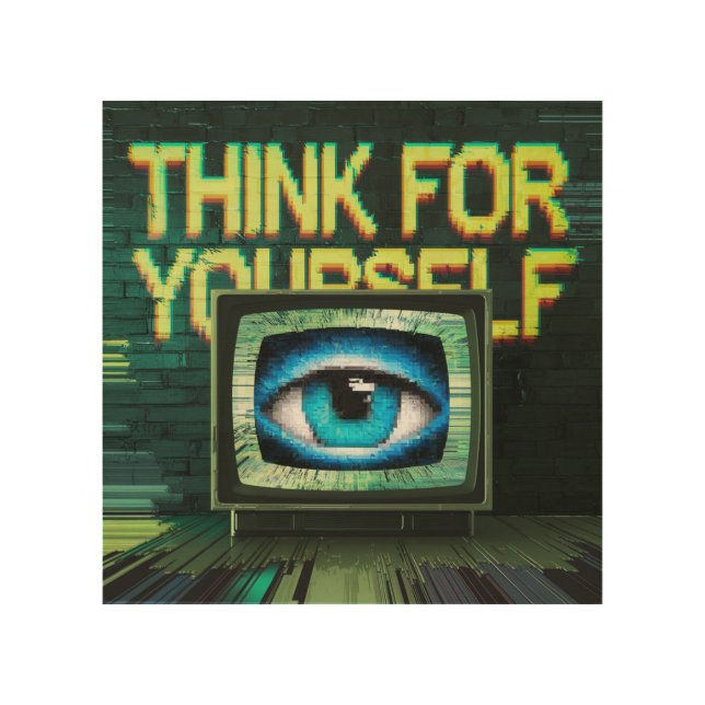 Think For Yourself Retro TV Eyeball Glitch Wood Wall Art (Front)
