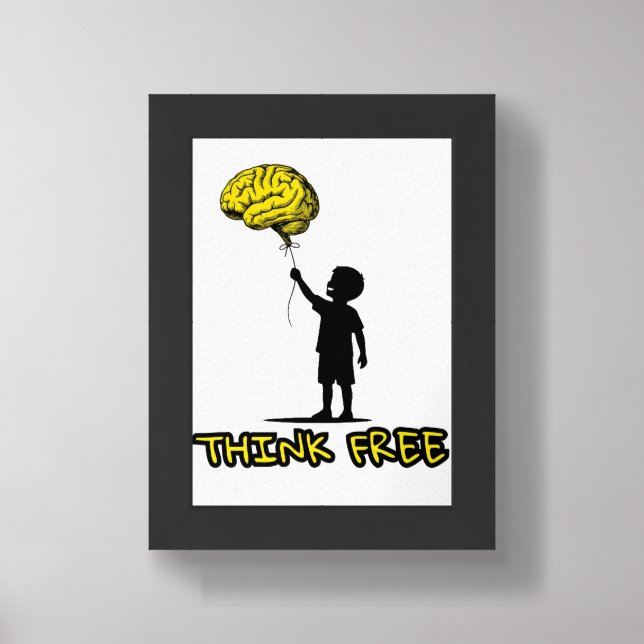 Think Free – Minimalist Brain Balloon Illustration Framed Art (Framed Front)