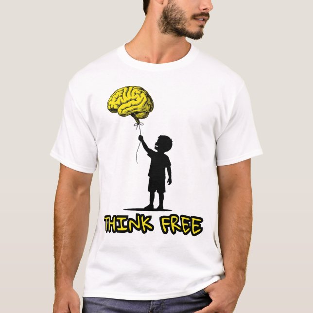 Think Free – Minimalist Brain Balloon Illustration T-Shirt (Front)