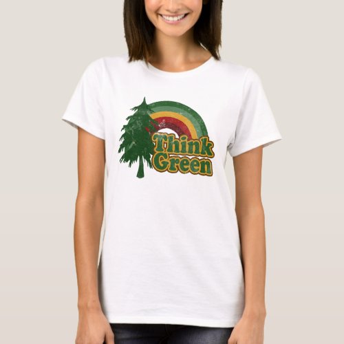 Think Green Retro Rainbow and Tree T_Shirt