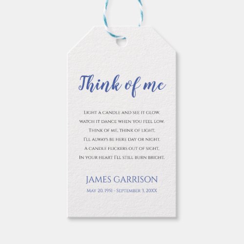 Think Of Me Blue Celebration of Life Candle Favor Gift Tags