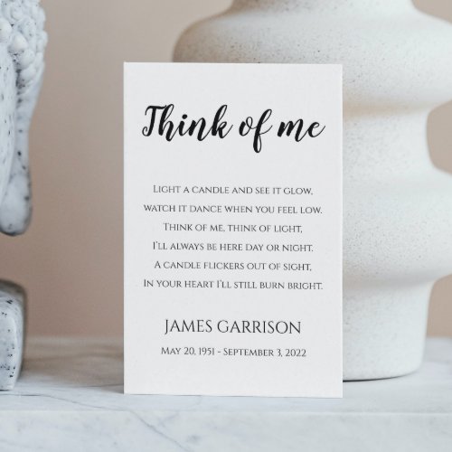 Think Of Me Celebration of Life Memorial Candle Place Card