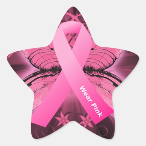Think Pink Breast Cancer Ribbon Star Sticker