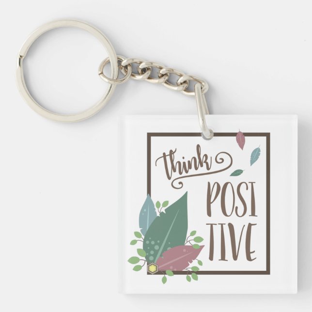 Think positive motivation feather boho keychain (Front)
