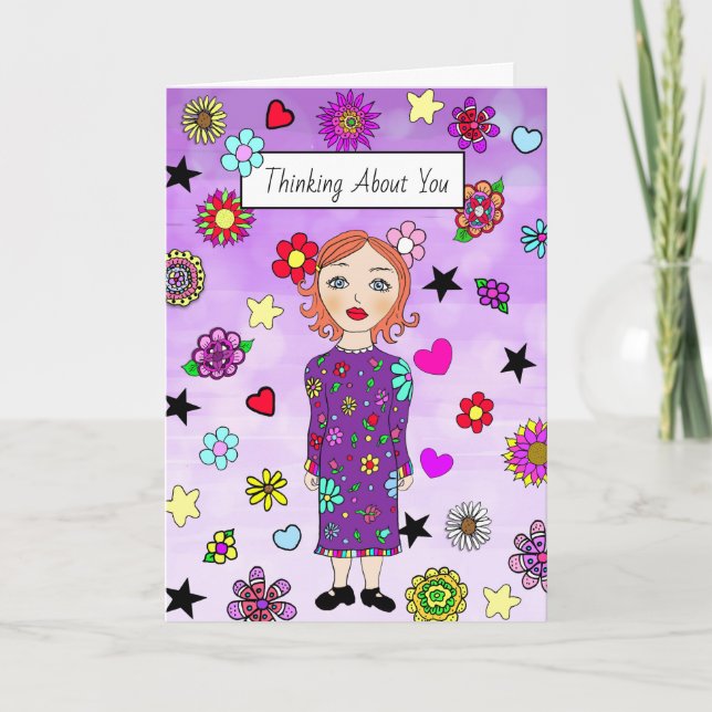 Thinking About You Whimsical Lady with Flowers Card (Front)