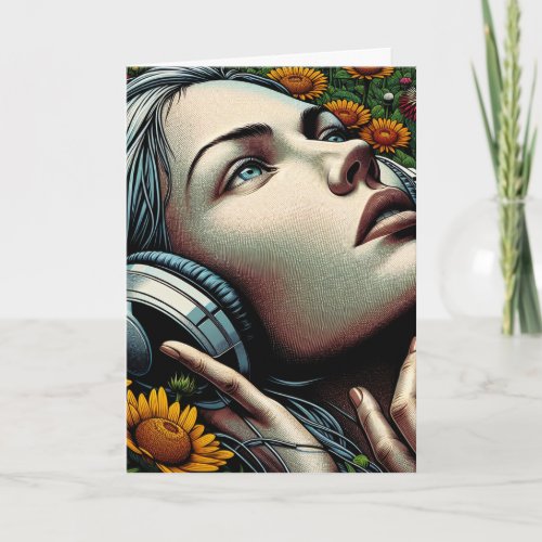 Thinking About You  Woman with Headphones Card