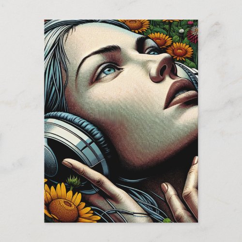 Thinking About You  Woman with Headphones Postcard