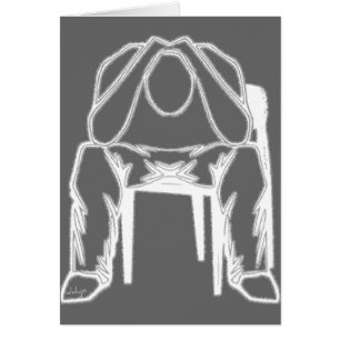 Thinking Man sitting in chair holding his head. Cards