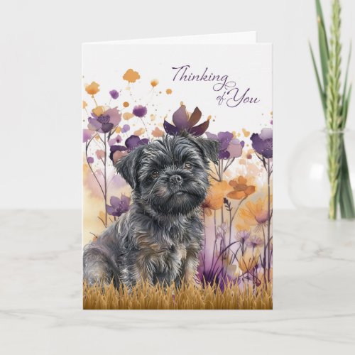 Thinking of You Affenpinscher Dog Purple Flowers Card