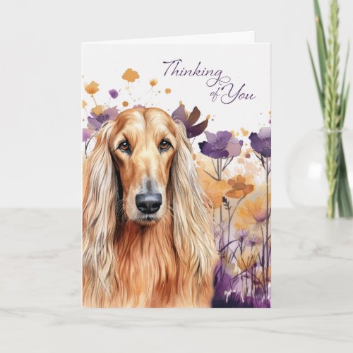 Thinking of You Afghan Hound Dog Purple Flowers Card