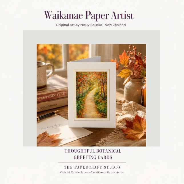 Thinking of You Autumn Forest Path Cards (Elegant botanical pathway card with autumn colour and original art by Nicky Bourke, New Zealand.)