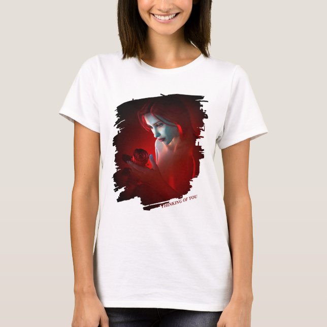Thinking of You. Beautiful woman holding a rose T-Shirt (Front)