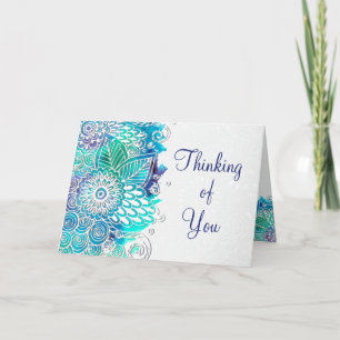 Thinking Of You Blue and Teal Floral Mandala Card
