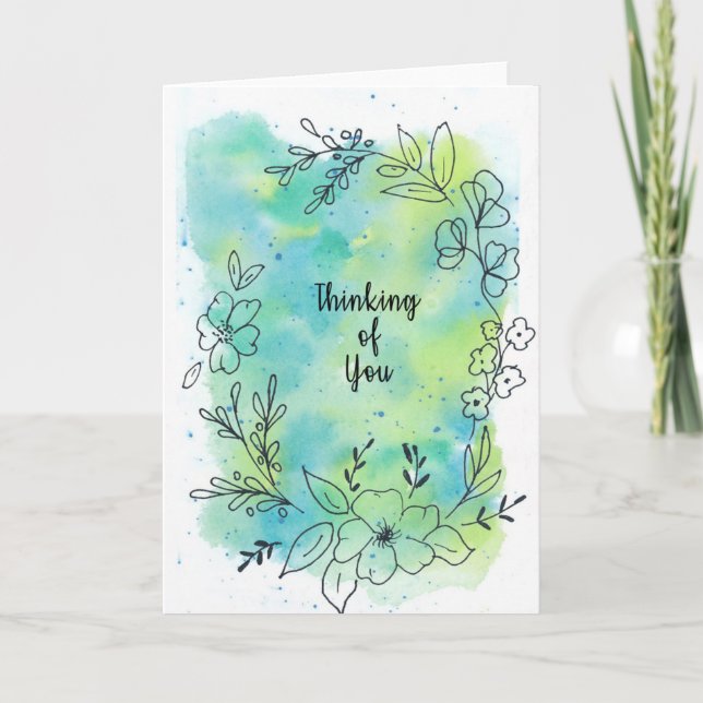 Thinking of you blue teal watercolor flowers blank card (Front)