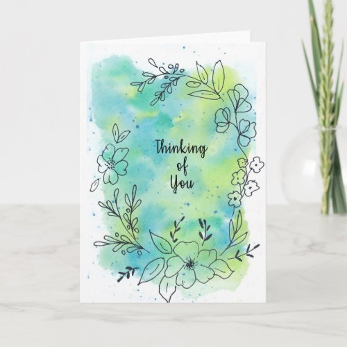 Thinking of you blue teal watercolor flowers blank card