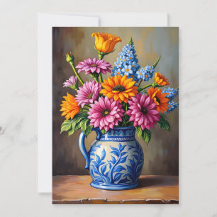 Thinking of You Blue White Pitcher Bright Flowers Card