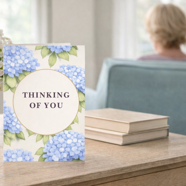 Thinking of You Card Blue Hydrangea Floral (Elegant blue hydrangea thinking of you card in a calm coastal setting, perfect for heartfelt moments)