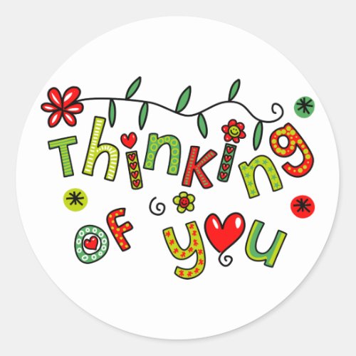 Thinking of You Cartoon Doodle Text Classic Round Sticker