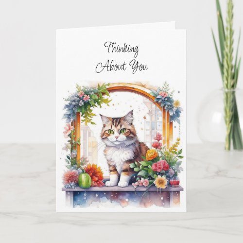 Thinking Of You  Cat in Window with Flowers Card