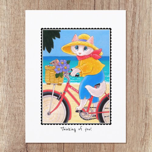 Thinking of you Cat  Mouse Bicycle Custom Postcard